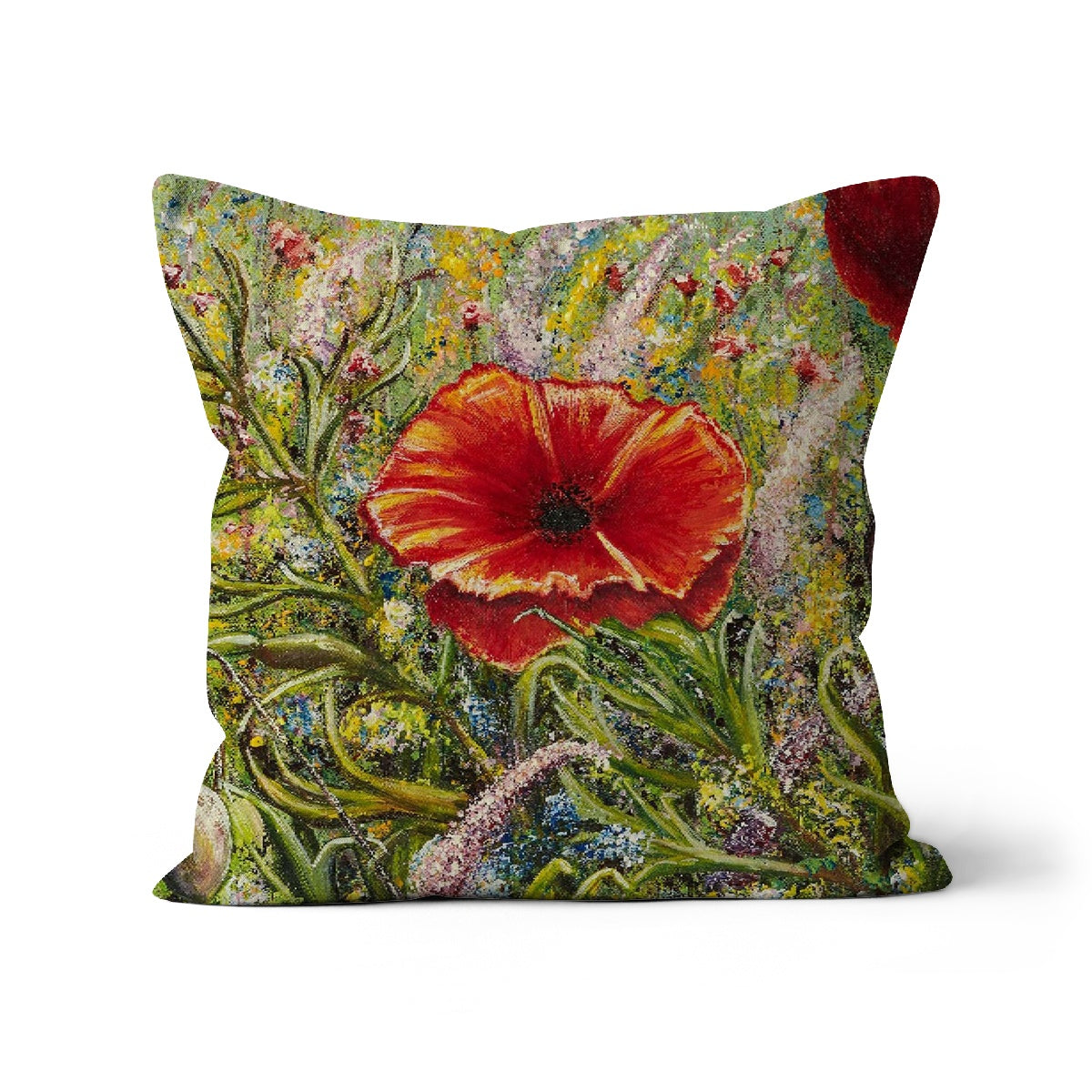 Poppy Love Cushion with an beautiful array of wild flowers in all soft shades of colours and red poppies dancing in mix