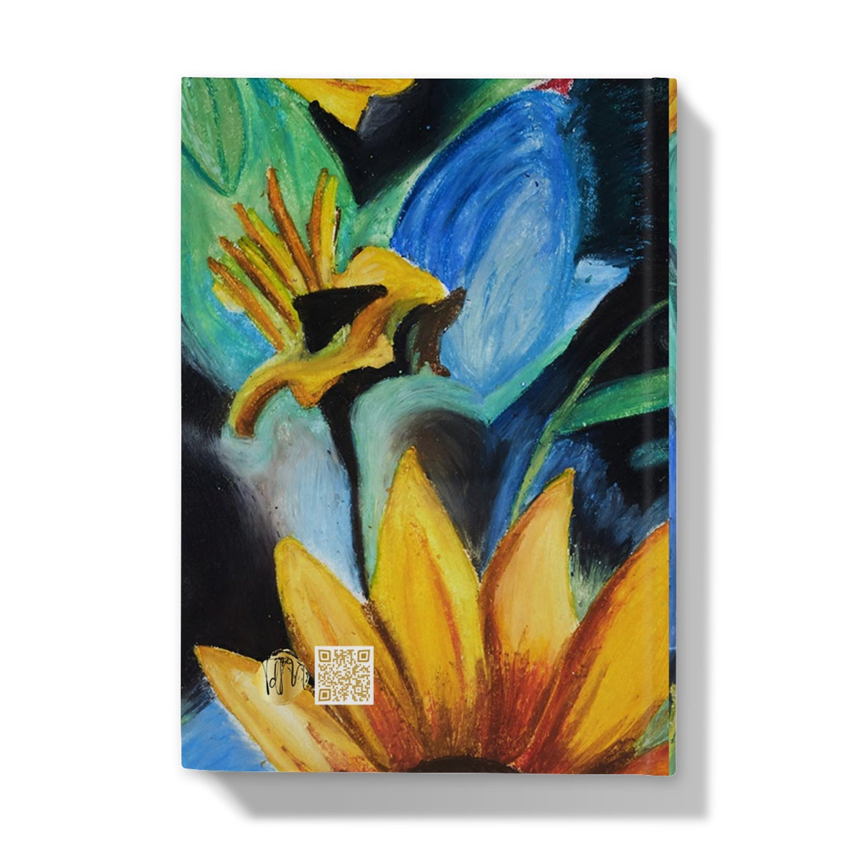 Abstract Sunflower Hardback Journal with bright colours of yellows, auburns and blues & greens and deep colours in between