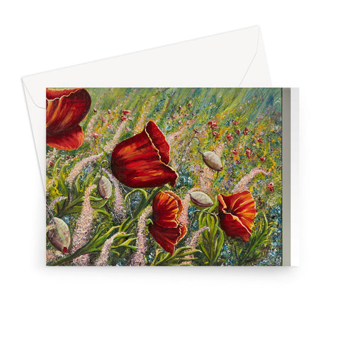 Poppy Love Greeting Card with bright large poppies amoungs a field of beautiful wild soft coloured flowers