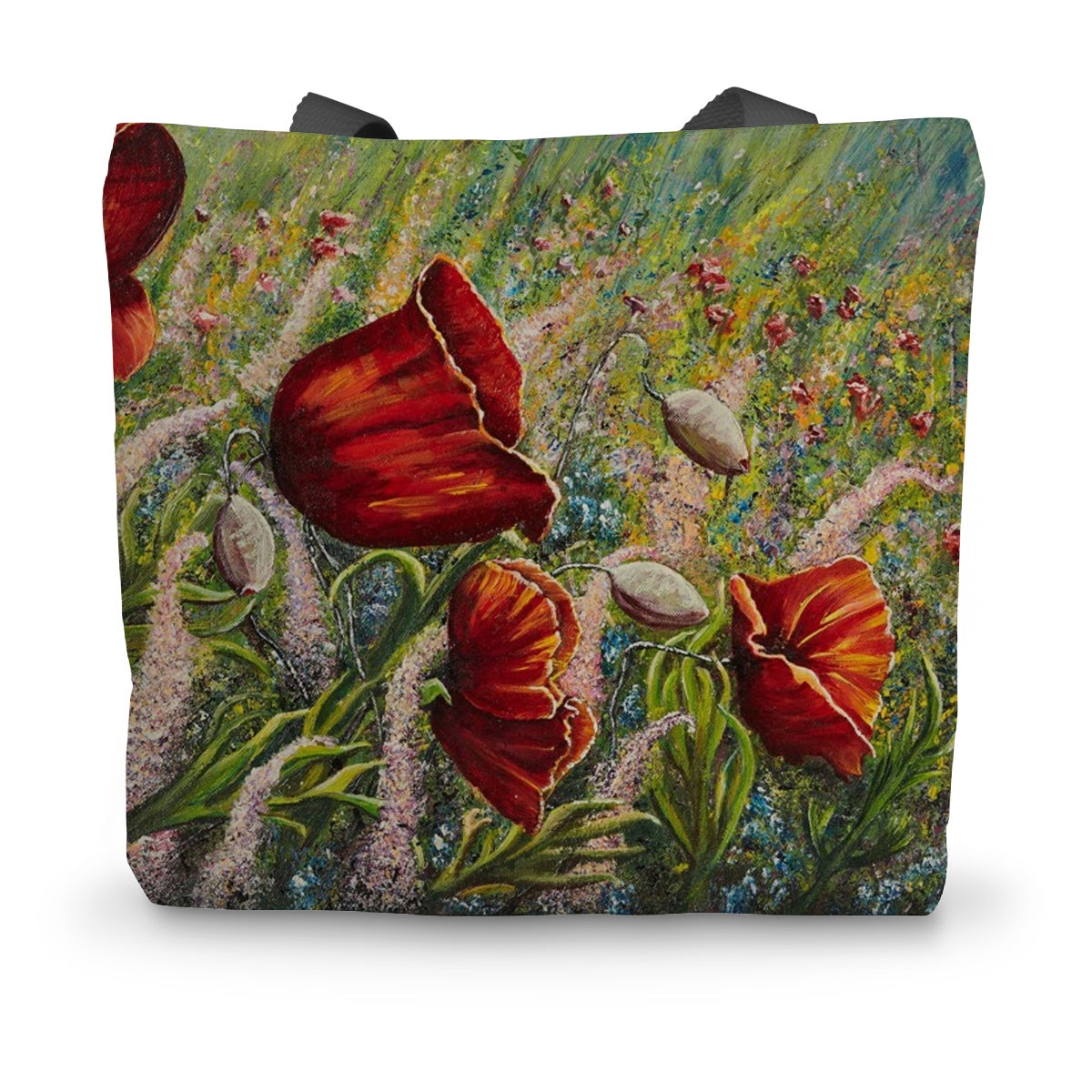 Artistic Poppy Love canvas tote bag is a beautiful artwork of large red poppies in amongst delicate flowers in a wild field of soft colours