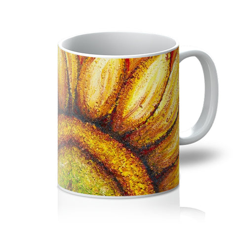 Artistic Coffee Mug Sunflower Passion in vibrant colours of yellows golds & hints of beautiful soft lime greens in the centre  reds, burnt browns & bronze