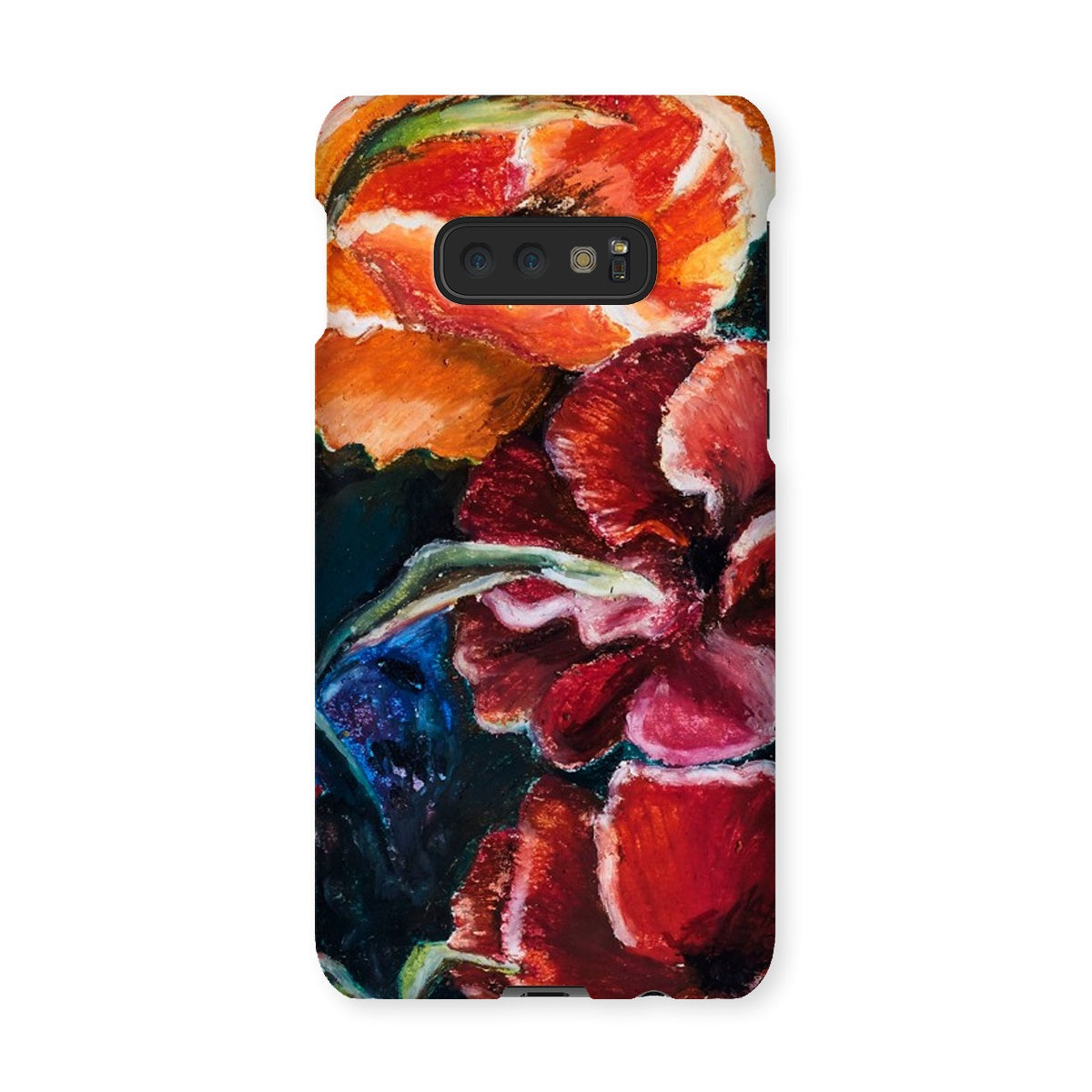 custom artistic snap on phone skin with image of res poppy heads. Colours red, orange and deep blue green leaves.