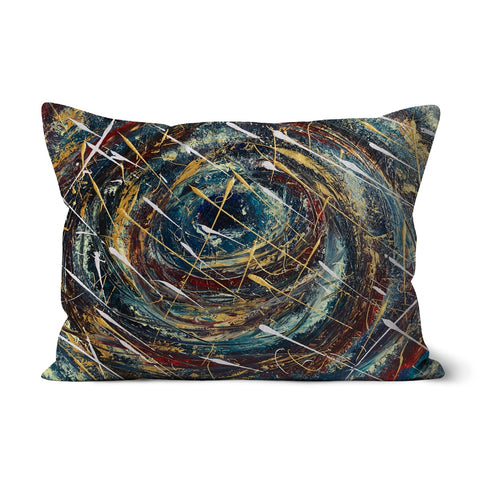 throw cushion with an abstract design in blues, velvet reds, golds & whites