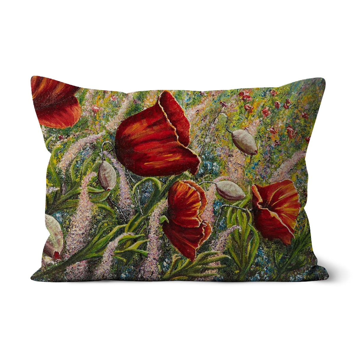 Poppy Love Throw Pillows with a beautiful design of a fusion of colours of flowers in wild fields and red poppies towards the foreground.  A unique design and an original!