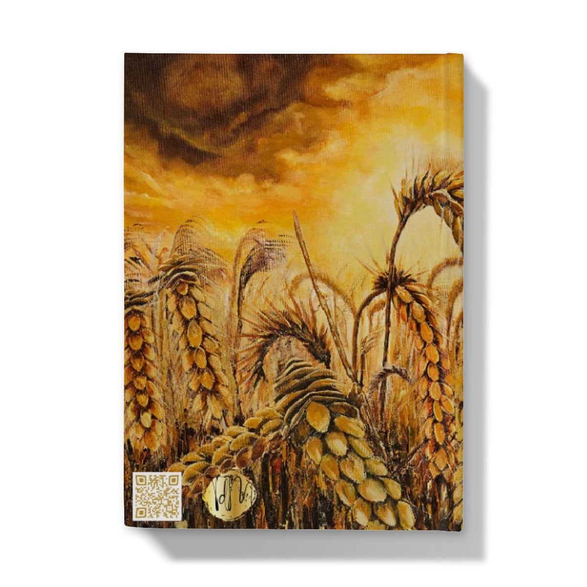 Stormy Wheat Field Hardback Journal with golden colours, auburn caramel heads of wheat & a very brightly light up stormy sky in browns & oranges & white flashes of sunlight