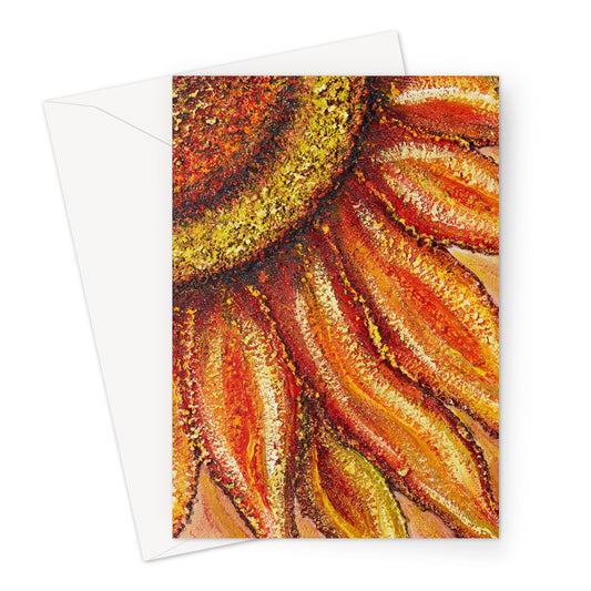 Artistic Sunflower Passion Blank Greeting Card is a bright beautiful quater taken from a whole sunflower head in oranges, yellows & soft shades in between