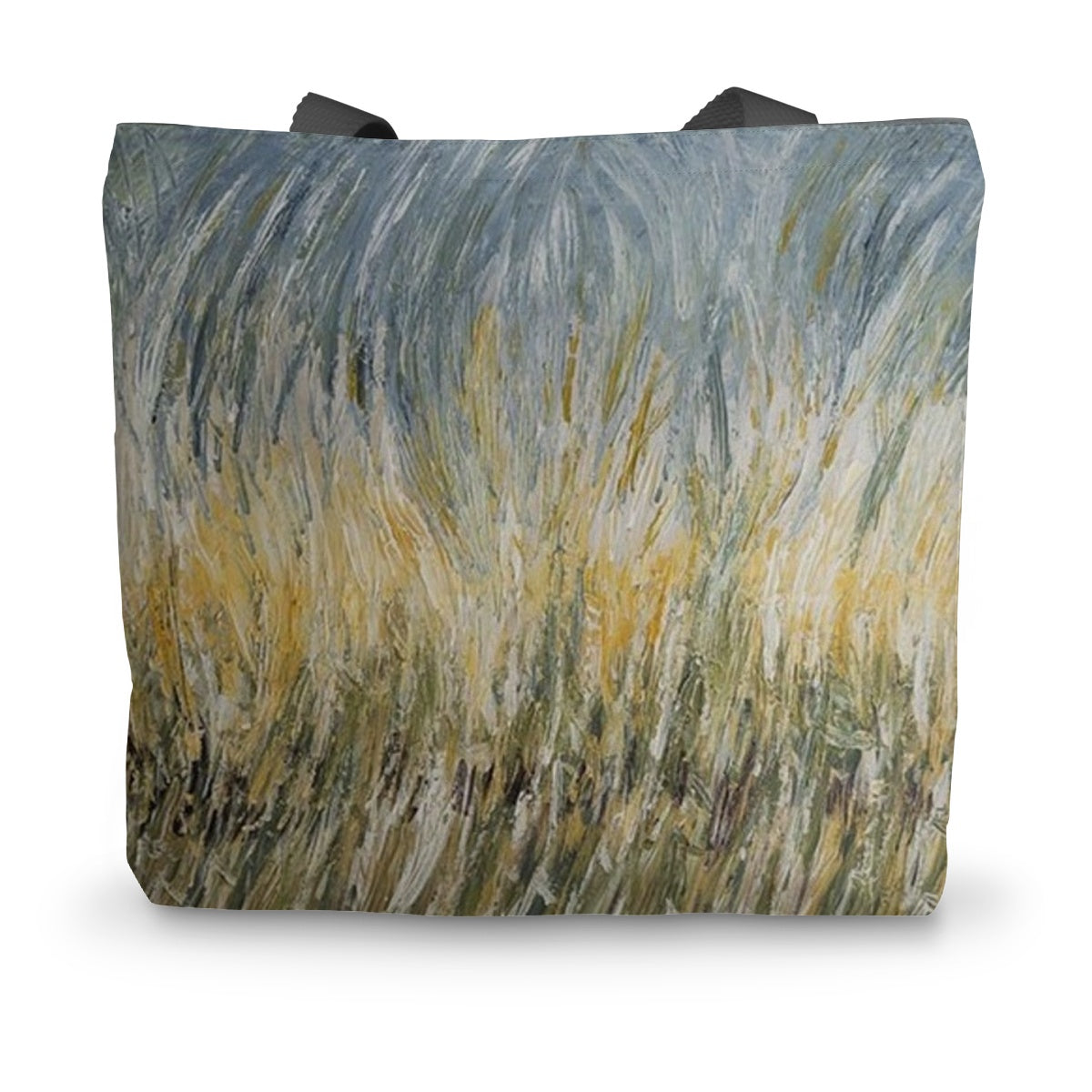 Artistic Durable Tote Bag Wheat Fields is described with a palette knife in golden wheat colours sage greens a pale blue sky