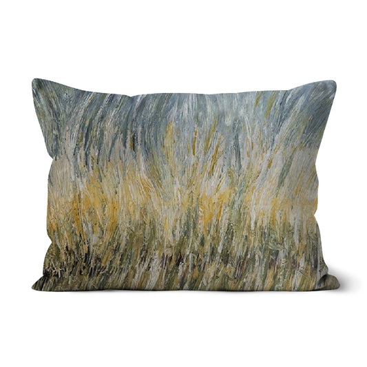 Wheat fields Throw Pillows with Art with an abstract design of the ground in sage greens and a touch of browns through to golds whites, and leading to pale blues of the sky