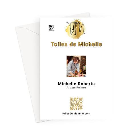 Qr code, logo & a photograph of Michelle Roberts