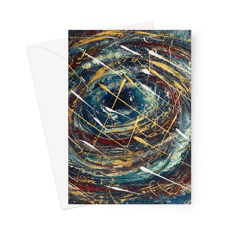 Artistic Odyssey Blank Greeting Card is a swirling fusion of colours as if we are looking into a black hole in space, with blues velvet reds and splashes of whites & golds