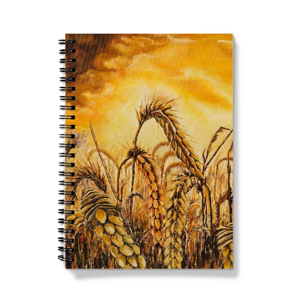 stormy wheat field journal notebook with auburn and golden heads of wheat under a stormy sky of golds and bursting light