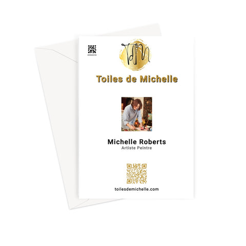 Qr code, logo & a photograph of Michelle Roberts