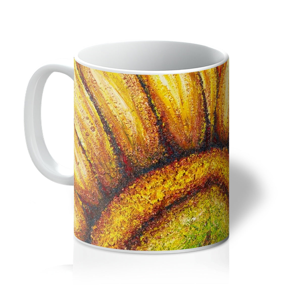 Artistic Coffee Mug Sunflower Passion in vibrant colours of yellows golds & hints of beautiful soft lime greens in the centre reds, burnt browns & bronze