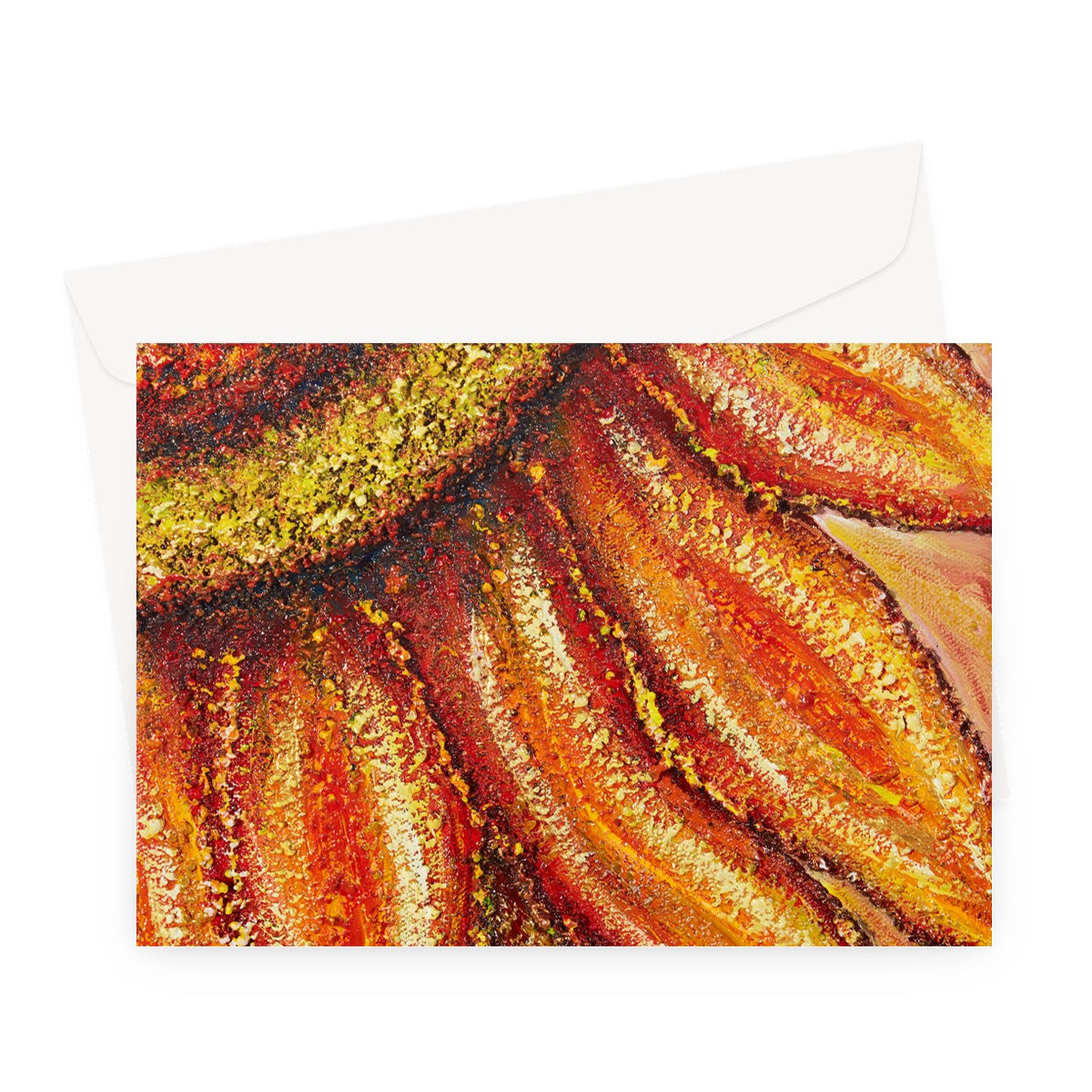 Artistic Sunflower Passion Blank Greeting Card is a bright beautiful quater taken from a whole sunflower head in oranges, yellows & soft shades in between