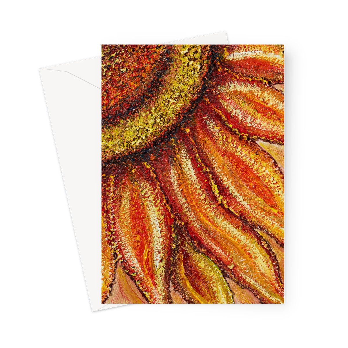 Artistic Sunflower Passion Blank Greeting Card is a bright beautiful quater taken from a whole sunflower head in oranges, yellows & soft shades in between