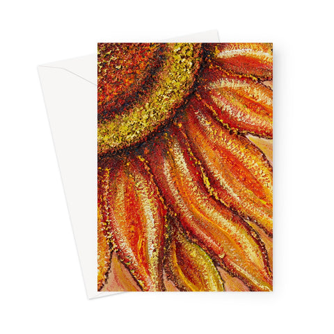 Artistic Sunflower Passion Blank Greeting Card is a bright beautiful quater taken from a whole sunflower head in oranges, yellows & soft shades in between