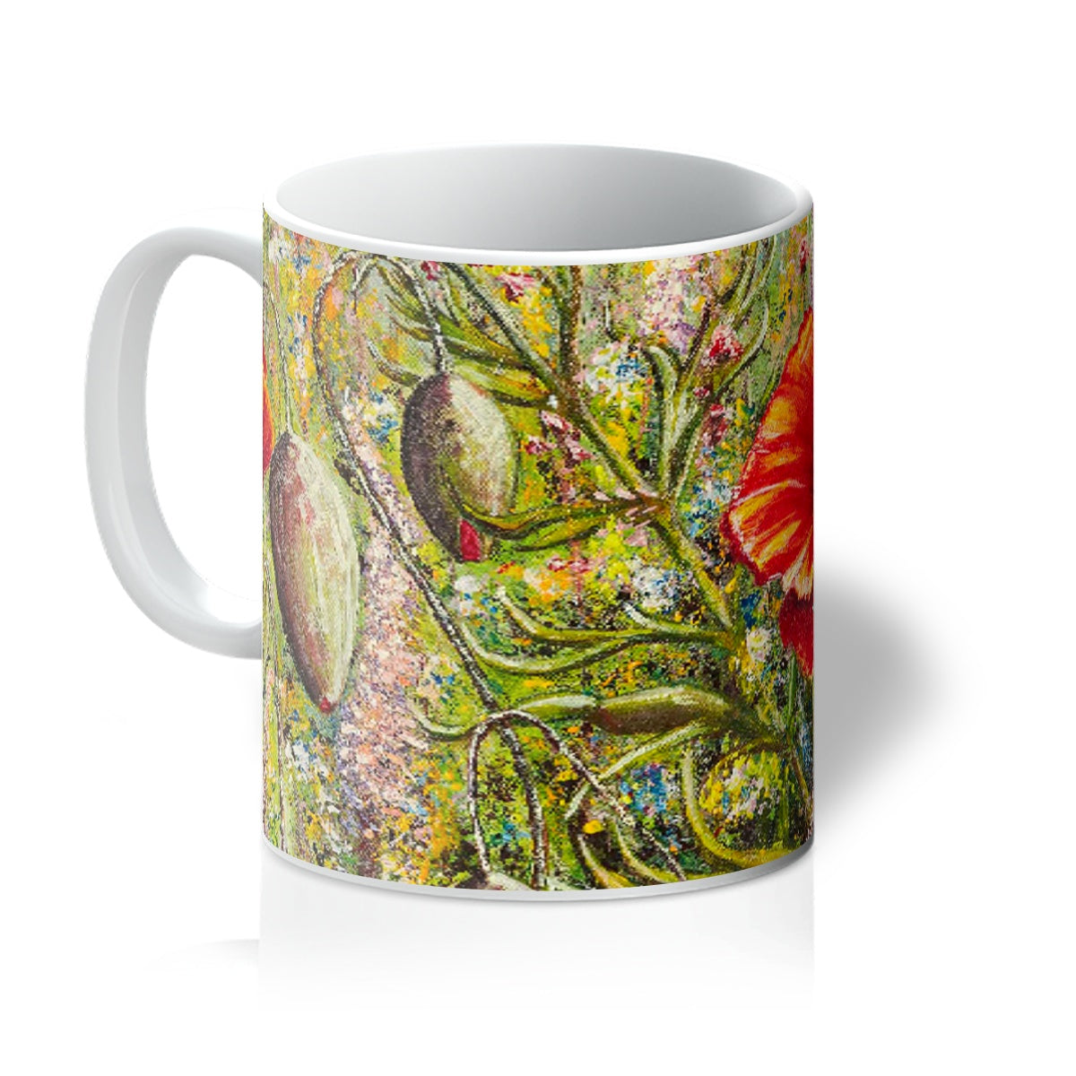 Artistic Poppy Love Mug beautiful poppy head fully open in red and wild flower all around