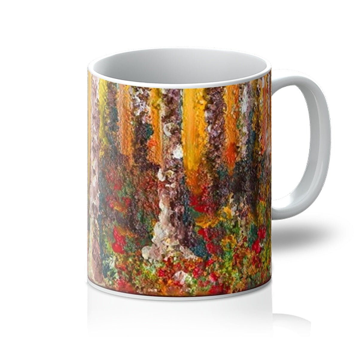 Artistic Coffee Mug Small Wood has a close up image of golden sunlight coming through the tall trees of loose bark & colour still in the leaves that have fallen to carpet the ground around