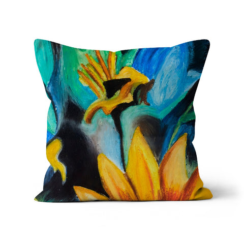 Abstract Sunflower Throw Pillow with Art is a beautiful mix of blues, tourquoise greens & darker tones behind the yellows & orange sunflowers. Abstract flower in the centre & more traditional petals reaching up from the bottom