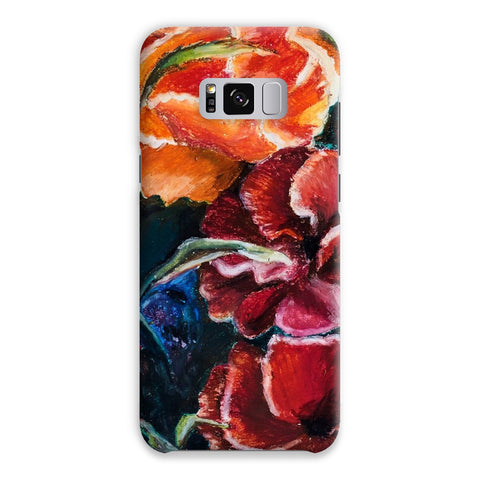 custom artistic snap on phone skin with image of res poppy heads. Colours red, orange and deep blue green leaves.