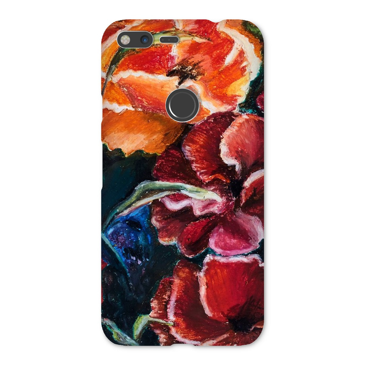 custom artistic snap on phone skin with image of res poppy heads. Colours red, orange and deep blue green leaves.