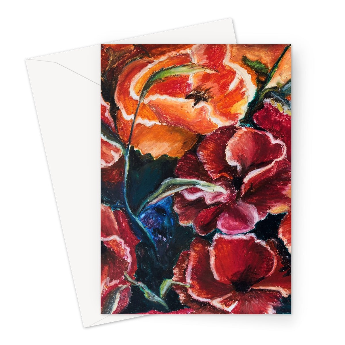 Atistic Blank Greeting Card Poppy Love with rich velvet red colours, deep dark blues & greens to show depth between the poppy heads and petals