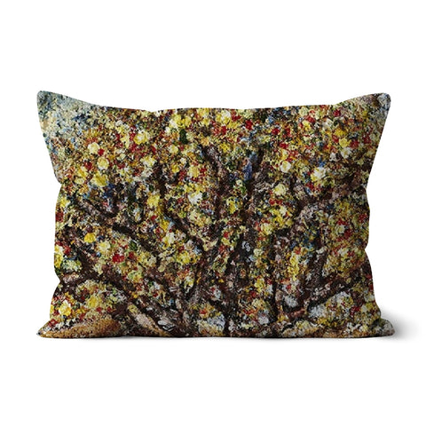 Friendship Tree throw pillow with art is a colourful tree on the english moor same shape as an apple tree, with blue skies.