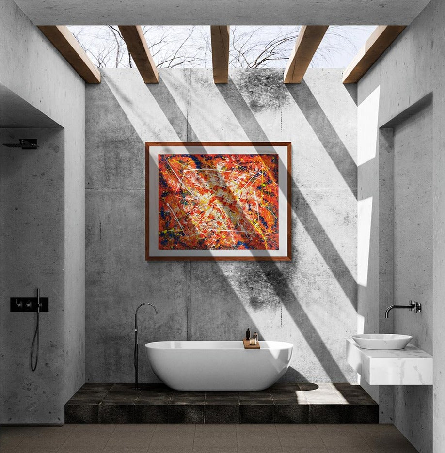 Original Canvas Wall Art 100 x 80 abstract painting strong colours of oranges & blues, with splashes of yellows and slashes of white breaking up the symmetry A piece full of energy and colour!  Mounted onto a modern concrete bathroom wall