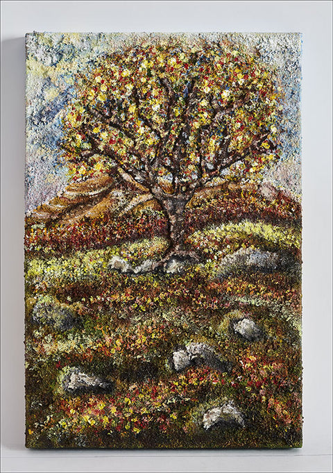 Canvas print wall art friendship tree A painting of a colourfull tree on an english moorland. Colours of summer fields in the background and stone walls, a few granite stones on the ground. The moss has tiny colourfull flowers also of yellows whites reds and creams. Blue sky in the distance with a few clouds