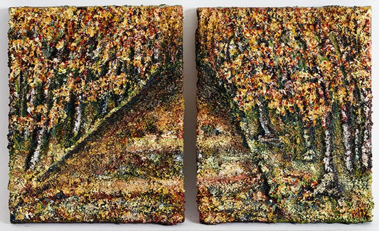 Canvas Print Wall Art.  A two piece of art of a pathway with trees from a forest either side of the path. This piece has an old style look with colours that marry together beautifully.  burnt reds & greens, golds, oranges, but none of these colours are vibrant. They are all washed in a golds . This two piece can be hung on the wall to make the pathway seem longer, and turn in the distance.