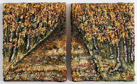 Original Canvas Wall Art Memory Lane A two piece of art of a pathway with trees from a forest either side of the path. This piece has an old style look with colours that marry together beautifully: burnt red's greens, golds, oranges, but none of these colours are vibrant.  They are all washed in a golds .  This two piece can be hung on the wall to make the pathway seem longer, and turn in the distance.