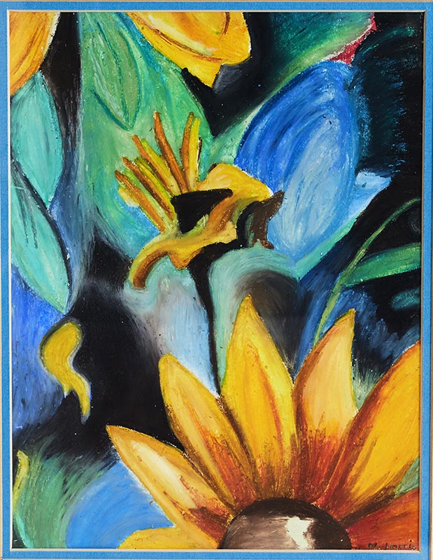 Wall Art Canvas Print Abstract Sunflower. Abstract painting of  yellow hints of orange and browns.  Leaves of green and shapes behind in dark blues, emerald greens and nearly blacks giving depth to this painting.