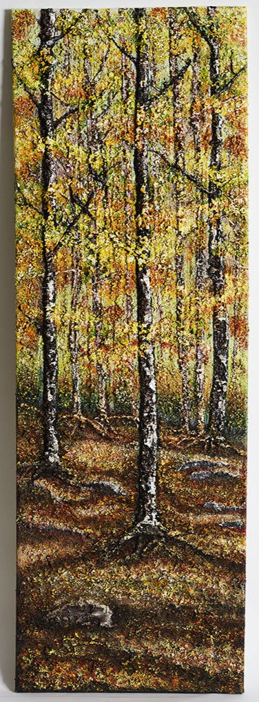 Original Canvas Wall art forest of gold.  canvas 120 x 040 cm  golden leafed trees with auburn & bronze colours also, in a Canadian forest. Light shining through the tall trees.  The ground undulating with some rocks here & there with a ray of colours from the fallen leaves of autumn