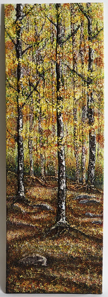 Wall Art Canvas Print Forest of Gold  120 x 040 cm golden leafed trees with auburn & bronze colours also, in a Canadian forest. Light shining through the tall trees. The ground undulating with some rocks here & there with a ray of colours from the fallen leaves of autumn