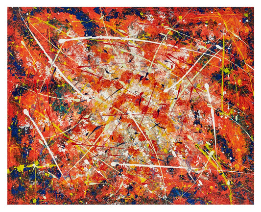 Original Canvas Wall Art 100 x 80 abstract painting strong colours of oranges & blues, with splashes of yellows and slashes of white breaking up the symmetry A piece full of energy and .colour!