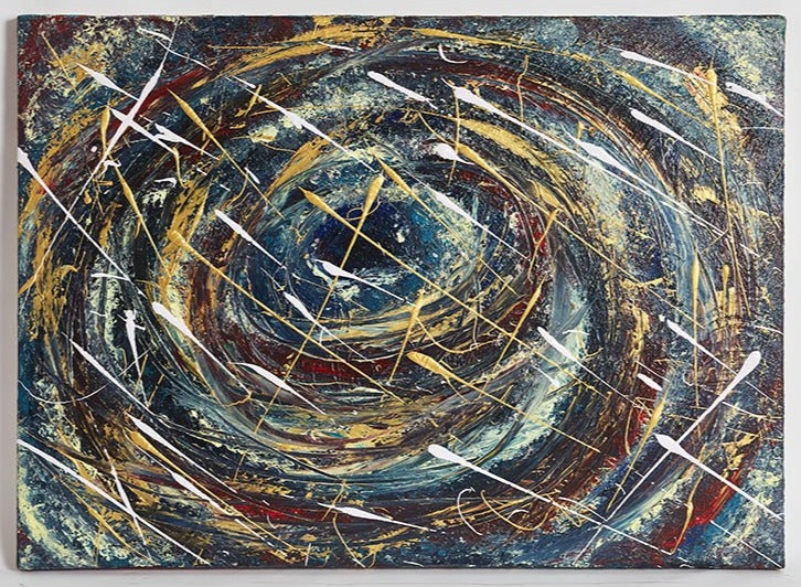 Wall Art Canvas Print Whirlwind or Odyssey x 50 cm canvas of swirling blues,blacks golds, whites & velvety reds. An abstract pieces of work that could be interpenetrated as the eye of a storm, whirlwind, or a part of the universe in space with shooting white stars!