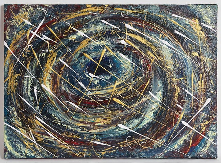 Original canvas wall art whirlwind or Odyssey 70 x 50 cm  canvas of swirling blues,blacks golds, whites & velvety reds.  An abstract pices of work that could be interpenetrated as the eye of a storm, whirlwind, or a part of the universe in space with shooting white stars!