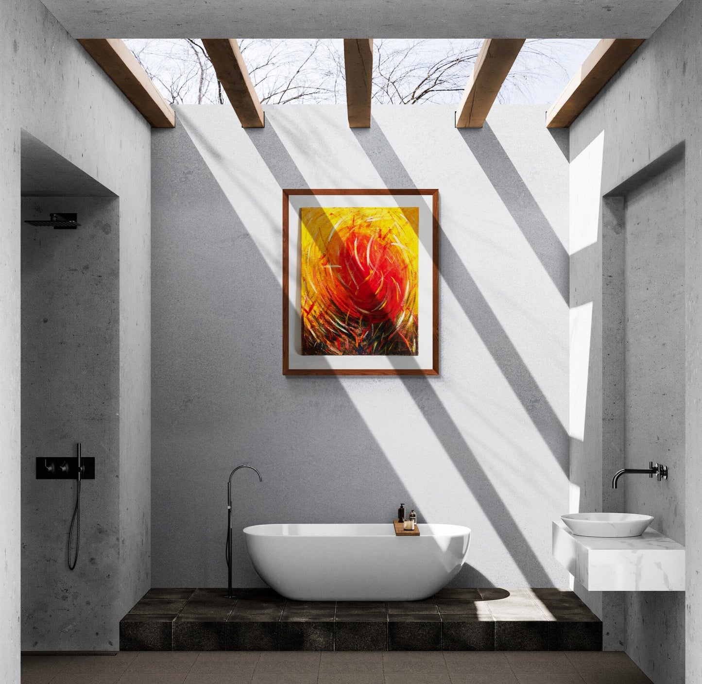 Canvas Print Wall Art Warm Energy 100 x 80 cm painting of a large swirling sun radiating heat with grasses and energy swirling round throughout the painting.Darker at the base reaching to a yellow background. mounted onto a white stone wall in a bathroom