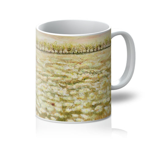 Artistic Shades of a wild field Mug with a beautiful image of a field full of whites & beige colours, the odd red poppy with trees in the distance bringings soft shades of sage greens into the colours that travel in-between the flowers etc