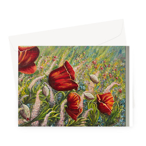 Poppy Love Greeting Card with bright large poppies amoungs a field of beautiful wild soft coloured flowers