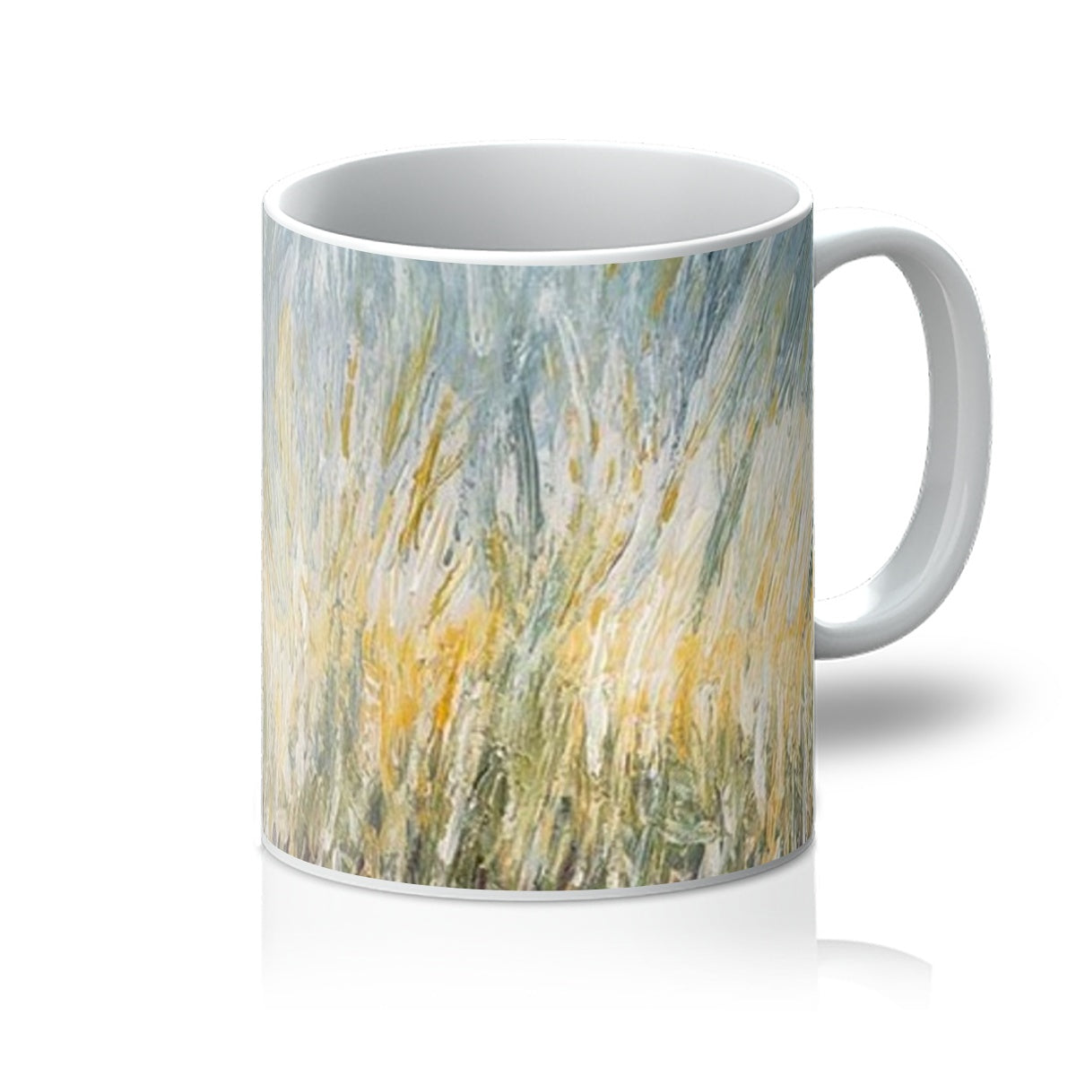 Artistic Coffee Mug Wheat Fields, beautiful pale shades of golds, blues & sage greens. Abstract art.