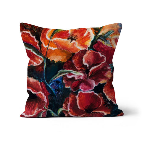 Poppy Love Throw Pillow with Art beautiful design of red and slightly varied red/orange coloured poppy heads with deep blues & green to give depth between them.  Unique  special design