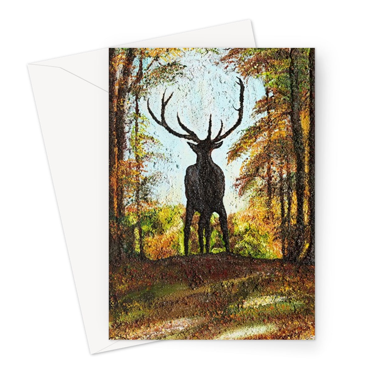 Artistic Proud Stag Blank Greeting Card has the silhouette of a strong proud stag standing firm ion the cusp of a hill in his natural surrounds of an autumnal forest with rich colours around him.