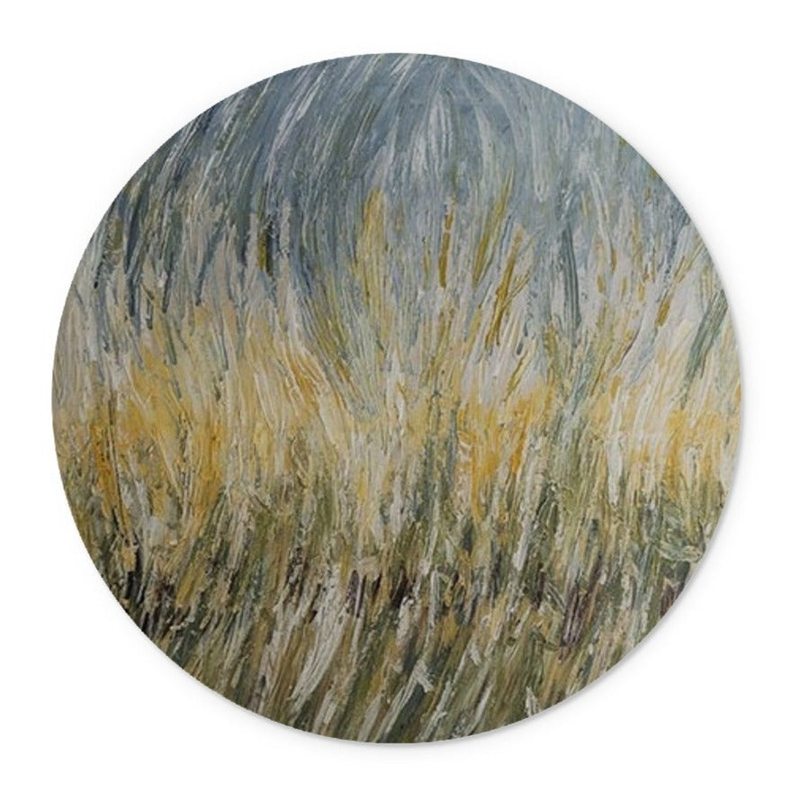 wheat fields Glass Chopping Board of golds,pale shades in between & blues and sage green colours at the bottom. Beautiful abstract pallet knife painting