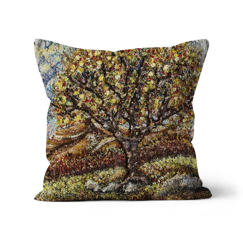 Friendship Tree throw pillow with art is a colourful tree on the english moor same shape as an apple tree, with blue skies.