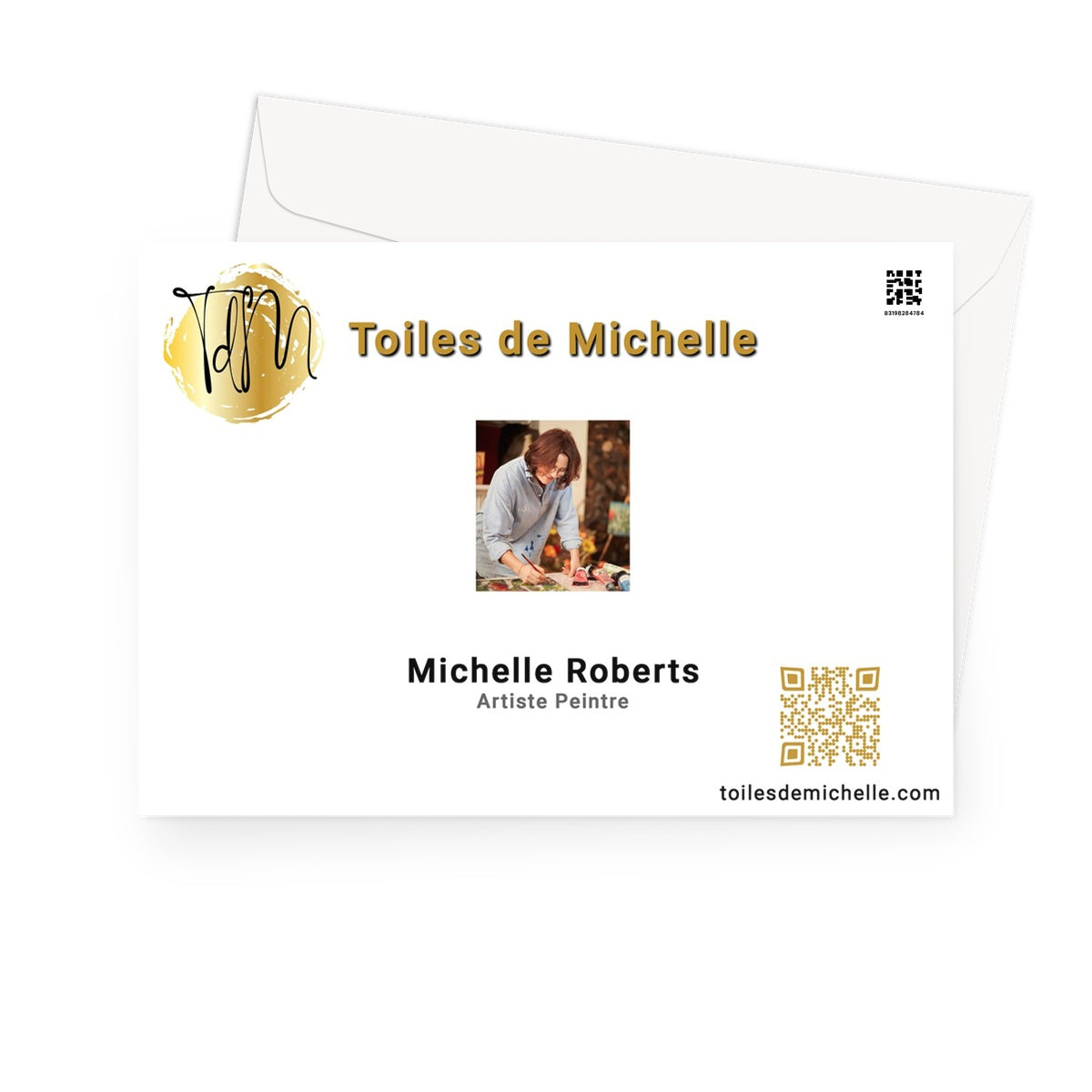 Qr code, logo & a photograph of Michelle Roberts