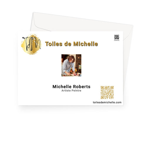 Qr code, logo & a photograph of Michelle Roberts