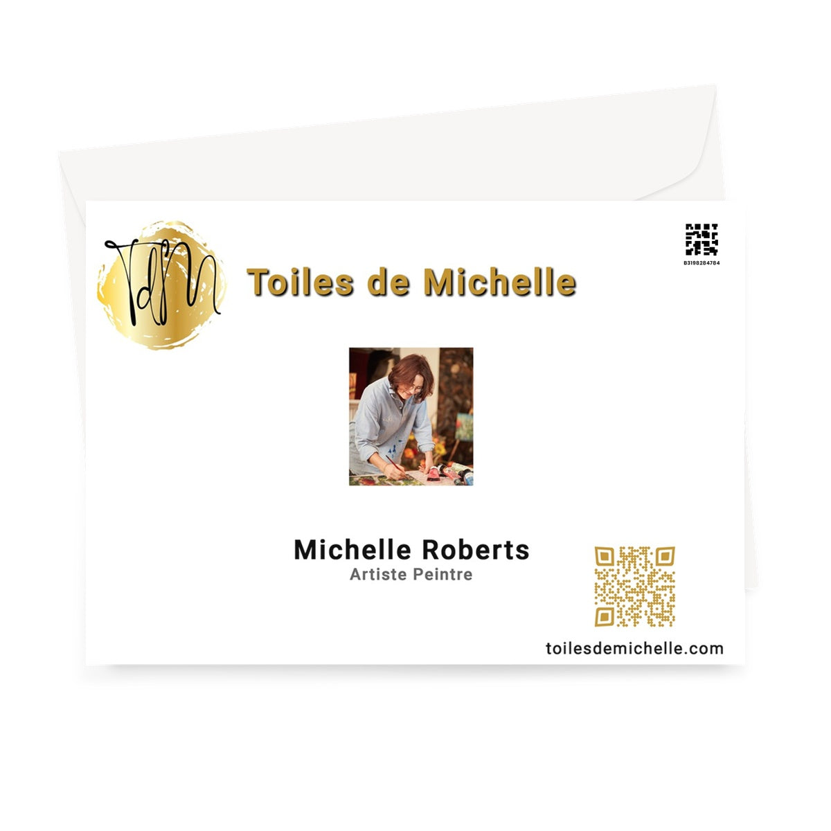 QR CODE LOGO AND A PHOTOGRAPH OF Michelle Roberts PAINTING