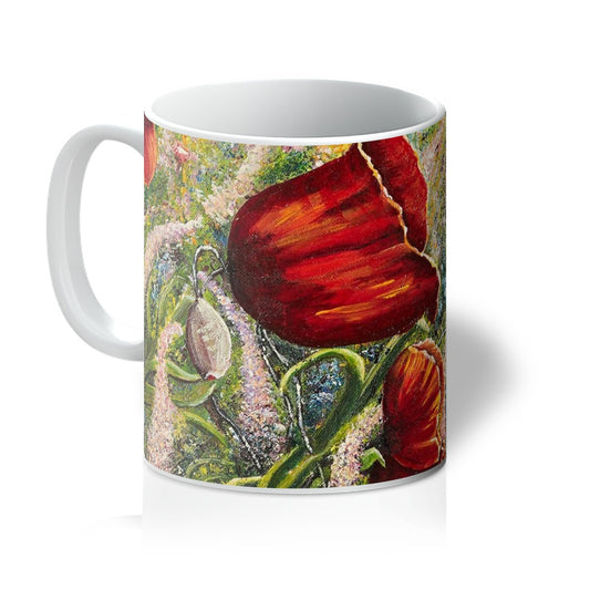 Artistic Poppy Love Mug has a beautiful, colourful design of large red velvet coloured poppies in amoungst a field of wild flowers of softer shades of pinks & blues & many other colours, intricate beautiful design