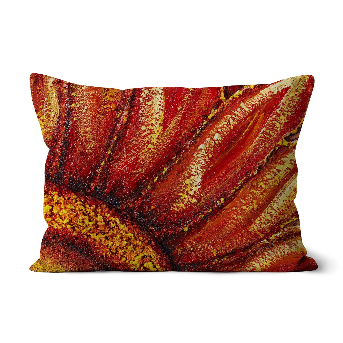 throw pillow with a design of a red sunflower with yellosw & oranges.  Center of flower in one corner with the leaves spreading out .